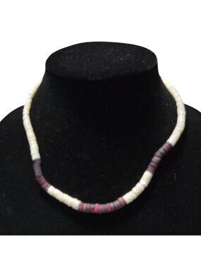 Vintage White Purple Heishi Shell Necklace Magnetic Closure Beach Core Surfer